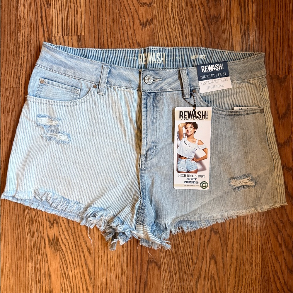 Rewash Two-Tone Light Blue High-Rise Denim Shorts